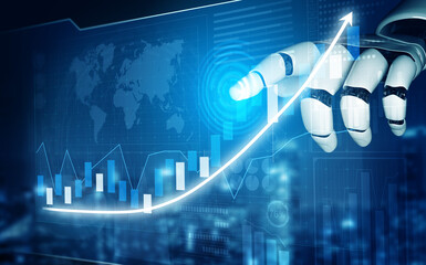 A sophisticated robotic hand points towards an upward financial graph, symbolizing growth and potential in a high-tech business environment. Impute