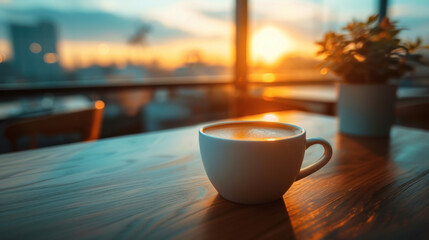 Fototapeta premium A cup of coffee enjoys the sunset view from a comfortable space. Tranquility, simplicity, and warmth.