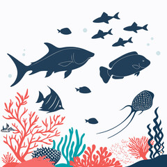 Set of Fish silhouette collection underwater exotic animals illustration
