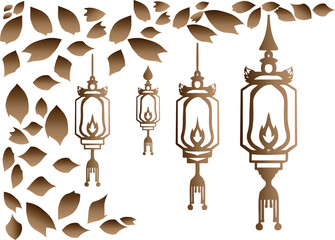 Elegant gold antique lamp with a vintage silhouette, perfect for a luxury holiday street light decoration, seamless hanging ornament design,Golden hanging antique lantern with an ornate pattern design