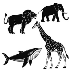 Silhouette of african animals under a tree on a white background design
