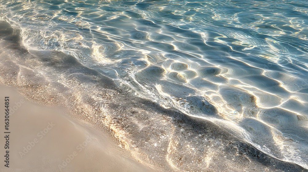 Poster close-up image capturing the peaceful interaction between clear, shallow waters and the soft sands o
