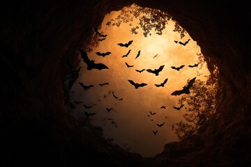 Bats in Cave with Halloween Theme, Scary Darkness, and Nature Background.