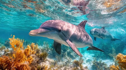 Obraz premium A pair of dolphins gracefully swim alongside one another in a shimmering body of water, surrounded by vibrant corals beneath the surface