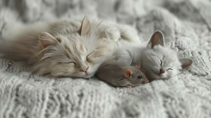 Cat and mouse taking nap together