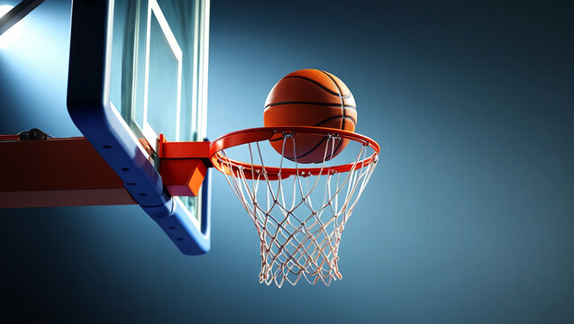 Orange basketball hoop net with ball about to score image