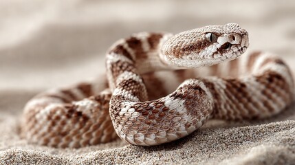 Obraz premium Close-up of brown and white snake on sand, tongue out