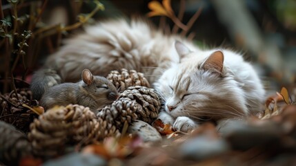Cat and mouse taking nap together
