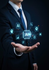 Businessman holding holographic AI chip