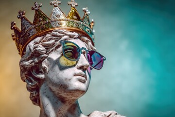 Sculpture of a regal figure wearing sunglasses and a golden crown against a vibrant, colorful backdrop