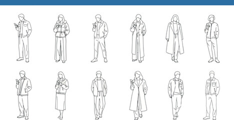 Vector art of sketch of people in various poses and clothing styles, isolated on white background transparent background