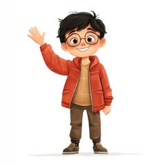 Fototapeta premium Boy waving looking at camera illustration jacket round.