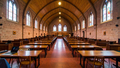 Fototapeta premium Grand hall interior with rows of tables and arched windows