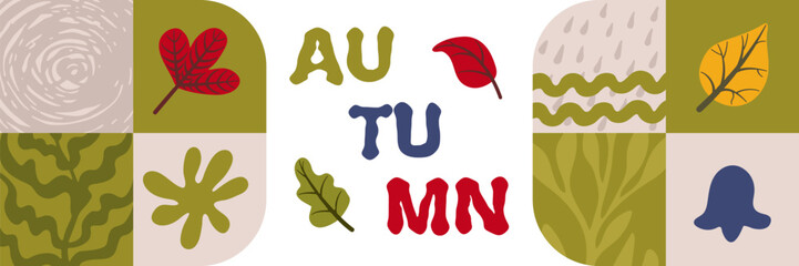 Autumn banner with falling leaves, rain, and bell shape