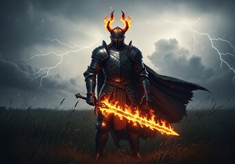 Dark warrior in flaming armor stands guard in a field.