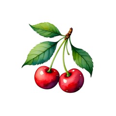 Watercolor cherries illustration fresh red cherry fruit with green leaves art design