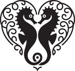 Obraz premium Two seahorses embracing in a heart shape with ornate swirls love romance