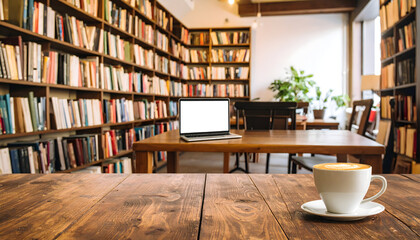 Laptop and coffee in cozy library interior with books on shelves