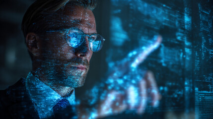 Closeup of a mans face with glasses, illuminated by a futuristic digital data stream, symbolizing technology and information