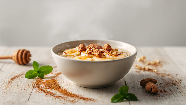 Healthy oatmeal bowl topped with banana slices, almonds, and honey drizzle