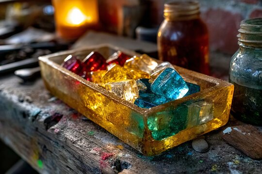 Caja transparente llena de plástico crudo de colores brillantes en una mesa de trabajo desordenada