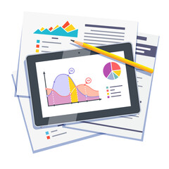 Tablet displaying financial charts and graphs with a pencil on documents