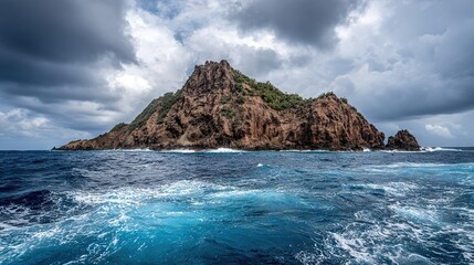 An island surrounded by water with waves approaching from the front and ominous clouds above