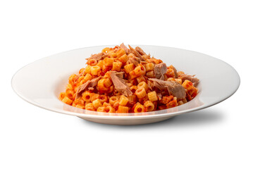 Ditalini little macaroni pasta with tomato sauce and tuna on a white plate isolated , Italian recipe called: tunny pasta