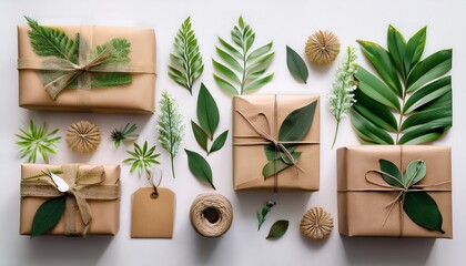 creative gift wrapping ideas featuring eco friendly materials displayed among floral and green leaf designs in a visually appealing arrangement