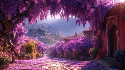 Beautiful image of building with arches covered in wisteria. Flowers and plants in spring.