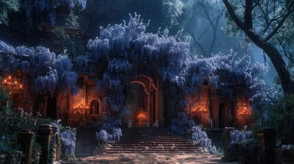 Beautiful image of building with arches covered in wisteria. Flowers and plants in spring.