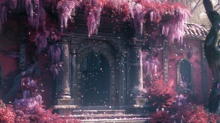 Beautiful image of building with arches covered in wisteria. Flowers and plants in spring.