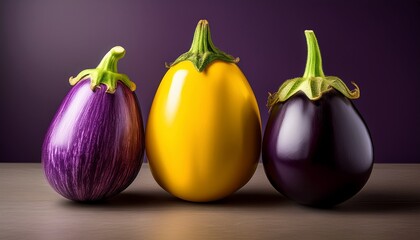 a vibrant yellow and purple eggplant next to a standard purple eggplant showcasing their distinct colors