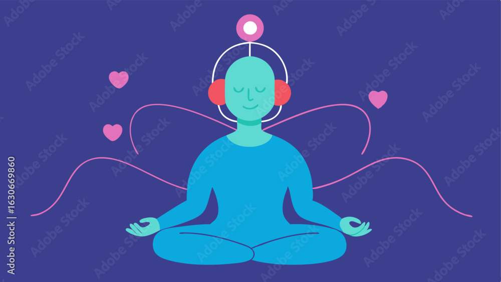Poster connection to self a person in a meditative pose wearing a headset with soft pulsing lines connectin