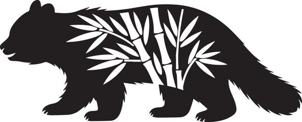 Black panda silhouette with bamboo leaves bear white