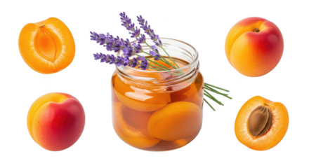 Apricot jam in a jar with fresh apricots isolated on transparent background