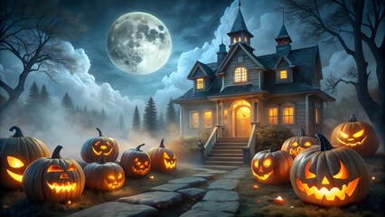 Many carved pumpkin jackolanterns glow on a path leading to a haunted house under a full moon on halloween night