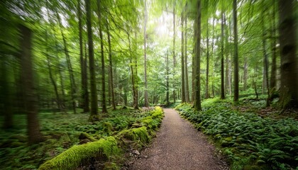 Obraz premium serene blurred pathway through a lush green forest