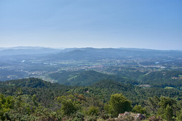 Galician landscape captured from Mount Tecla, showing the road, the river, and the extensive rural surroundings of Pontevedra.