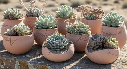 Succulent Plants in Terracotta Pots on Stone Surface