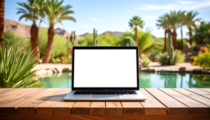 Laptop display mockup in tropical outdoor setting for remote work promotion