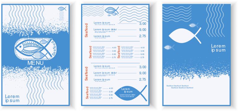 Fish, seafood menu template, ocean sea fish restaurant card background front and back sheet design