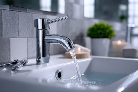 Grifo cromado del lavabo del ba&ntilde;o con agua fluyendo en una habitaci&oacute;n iluminada y moderna