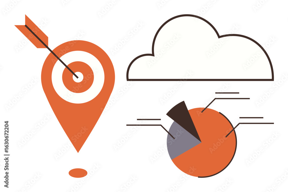 Aufkleber arrow hitting target marker, cloud outline, segmented pie chart for optimization, data storage, goal