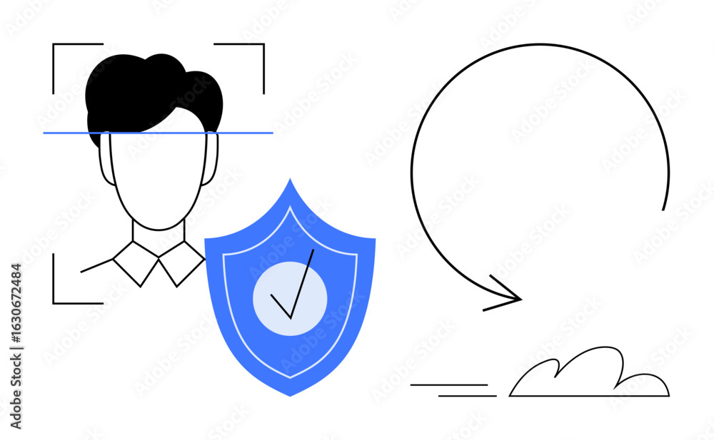 Poster profile outline with scan indicators, blue shield with checkmark symbolizing security, speech bubble
