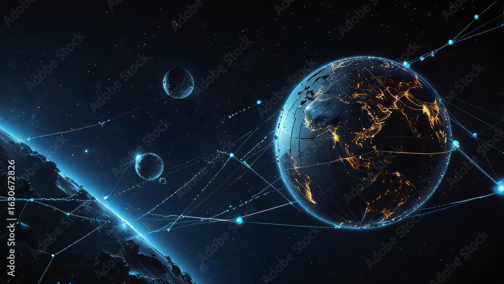 Poster space-based ai intelligence center with light paths
