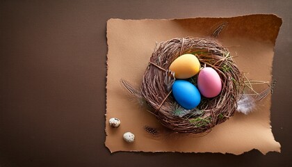 feliz dia de pascoa decoracao ovos coloridos no ninho em fundo de papel rustico com espaco para mensagem