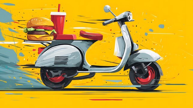 Detailed Digital Illustration of a Modern Fast Food Delivery Service Featuring a Sleek Scooter and Distinctive Burger Icon Emphasizing Dynamic Online Ordering and Efficient Distribution