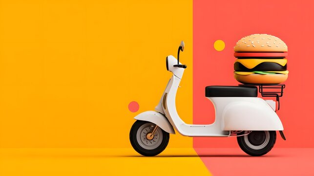 Detailed Digital Illustration of a Modern Fast Food Delivery Service Featuring a Sleek Scooter and Distinctive Burger Icon Emphasizing Dynamic Online Ordering and Efficient Distribution