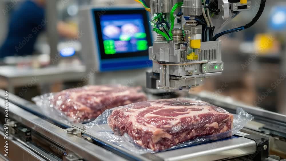 Poster robotic hand expertly vacuum-seals fresh meat with digital temperature sensors displayed on the mach